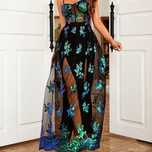 Green Preppy Womens Floral Sequin Mesh Overlay Cami Party Dress - Picture 4 of 5